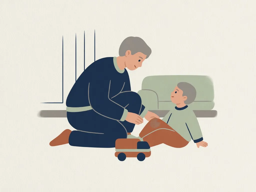 A parent kneeling beside a child on a sofa