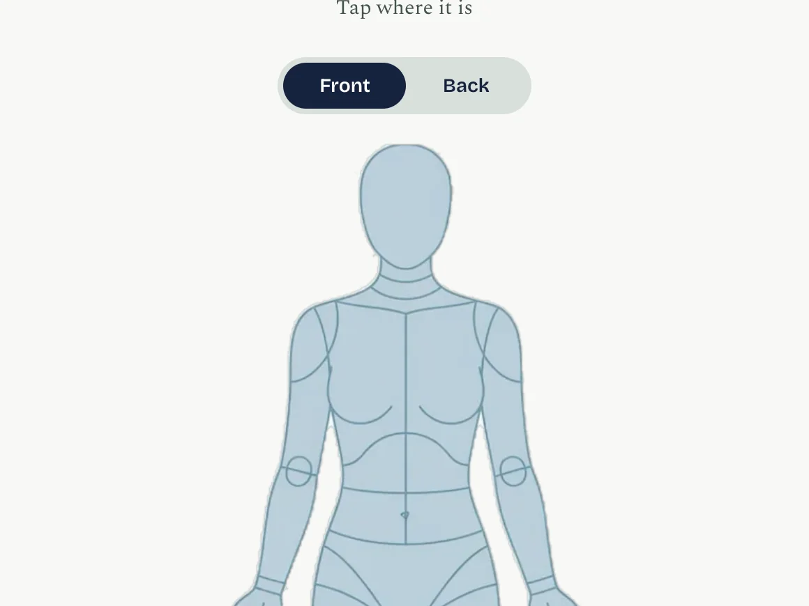 Symptom checker: Check a symptom, tap where it is, a body outline with tappable points.